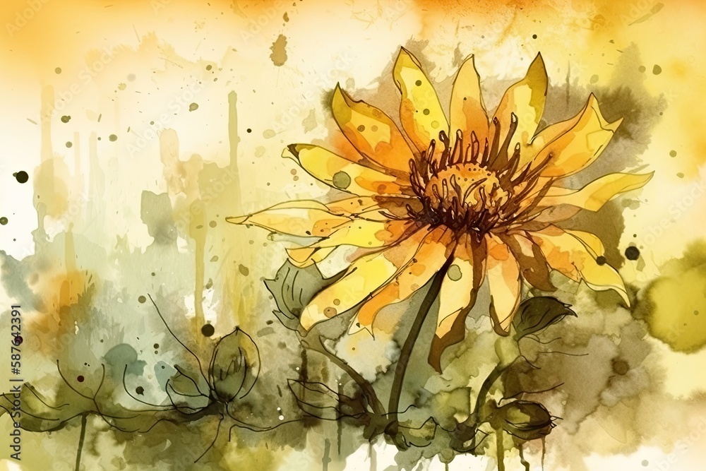 vibrant yellow sunflower painted in watercolor. Generative AI