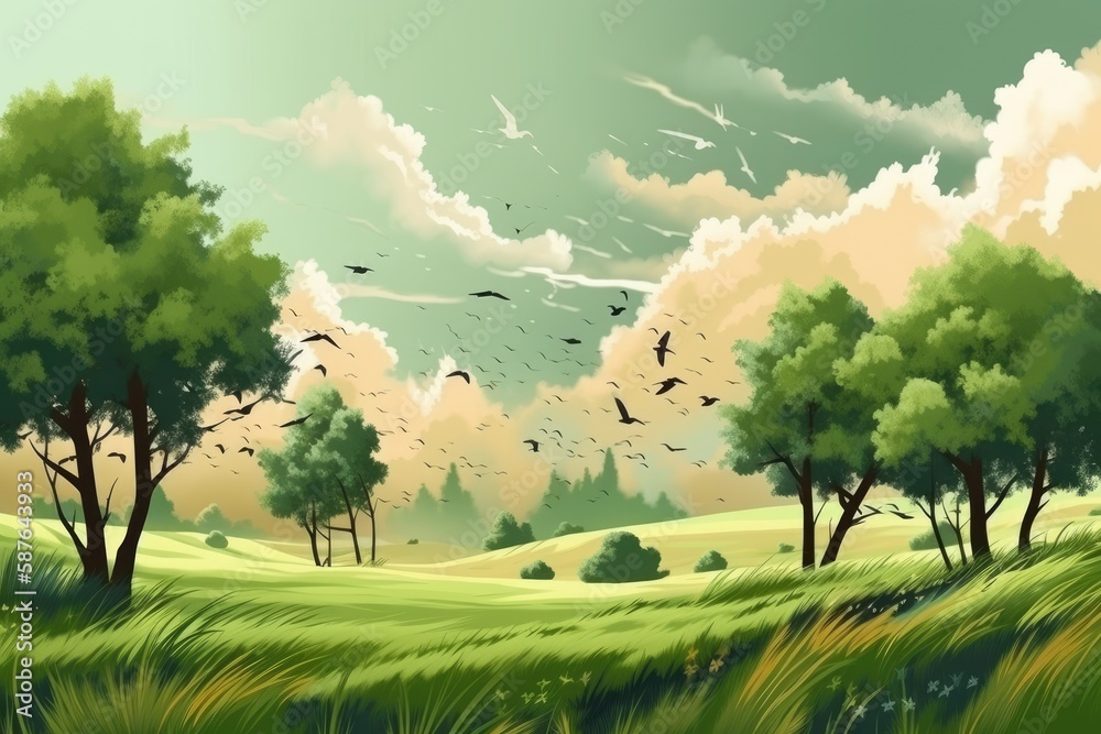 serene green landscape with trees and birds. Generative AI