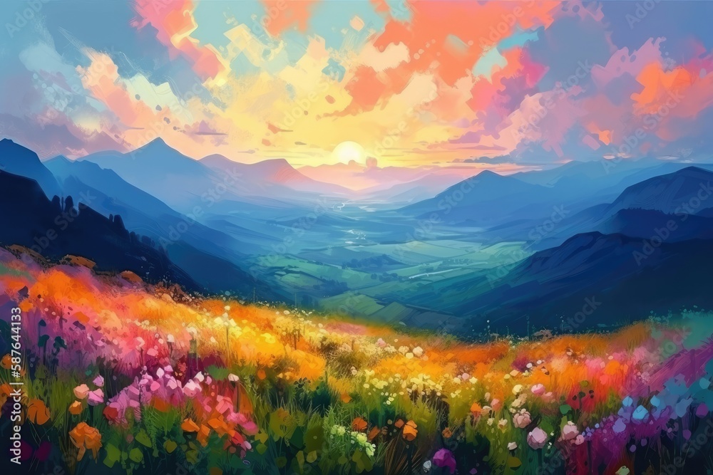 picturesque field of colorful flowers with majestic mountains in the backdrop. Generative AI