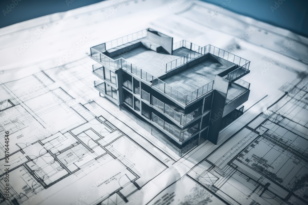 3D model of a modern building placed on top of architectural blueprints. Generative AI