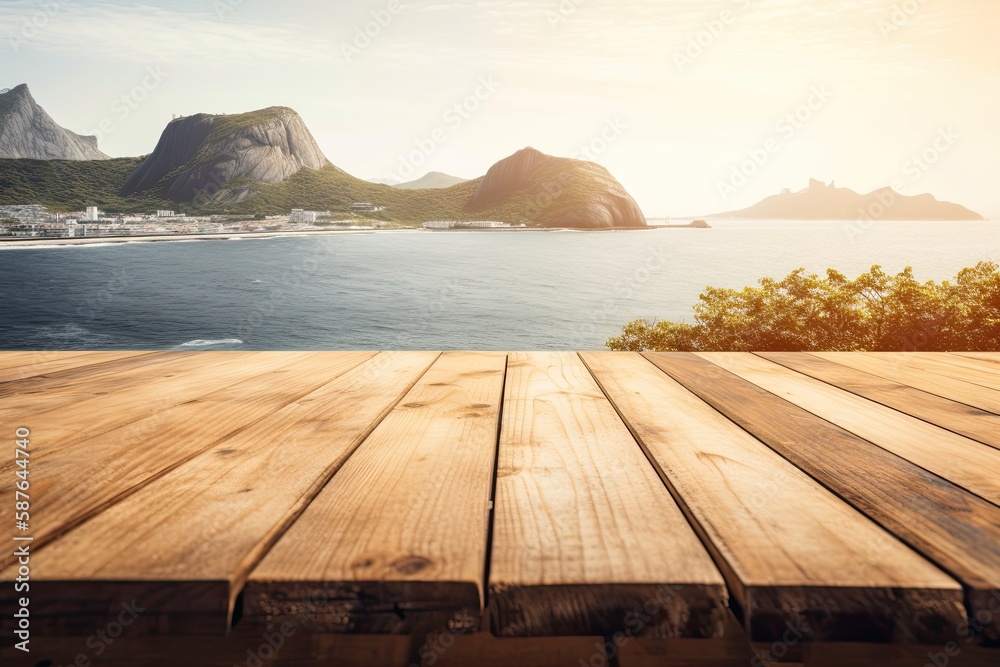 wooden table overlooking the vast ocean. Generative AI