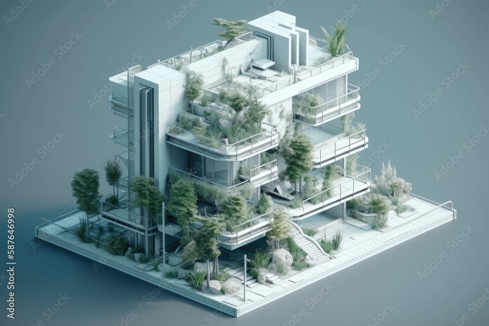 green building rooftop covered in trees and plants. Generative AI