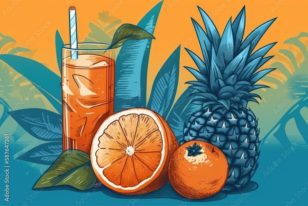 refreshing summer fruit platter with pineapple, oranges, and a glass of orange juice. Generative AI