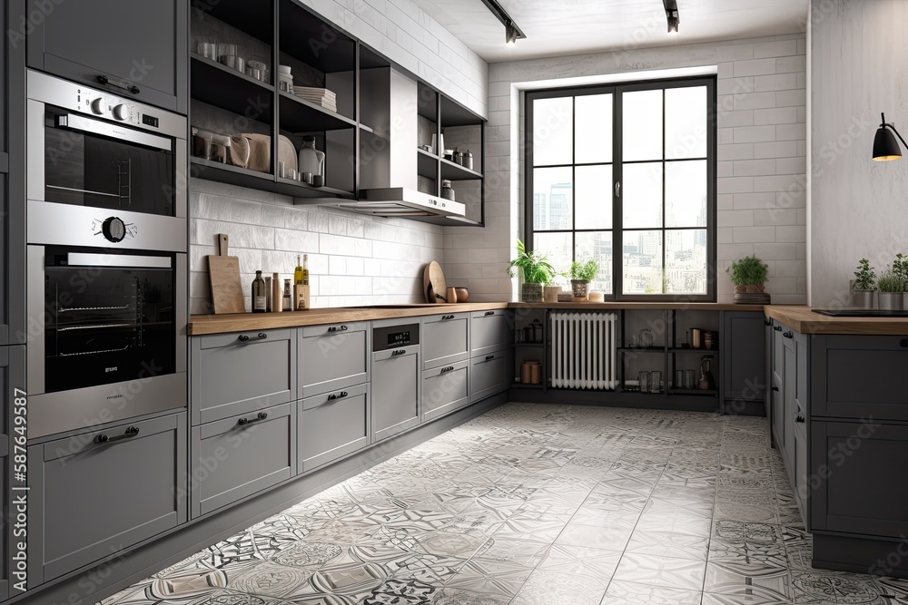 modern gray kitchen with sleek cabinets and tiled flooring. Generative AI