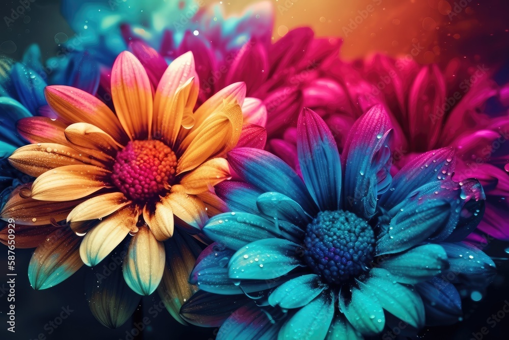 Illustration of colorful flowers with glistening water droplets. Generative AI