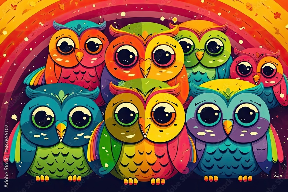 group of vibrant owls perched in front of a rainbow. Generative AI