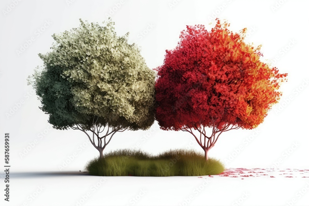 Illustration of three trees with vibrant colored leaves on a blank white background. Generative AI