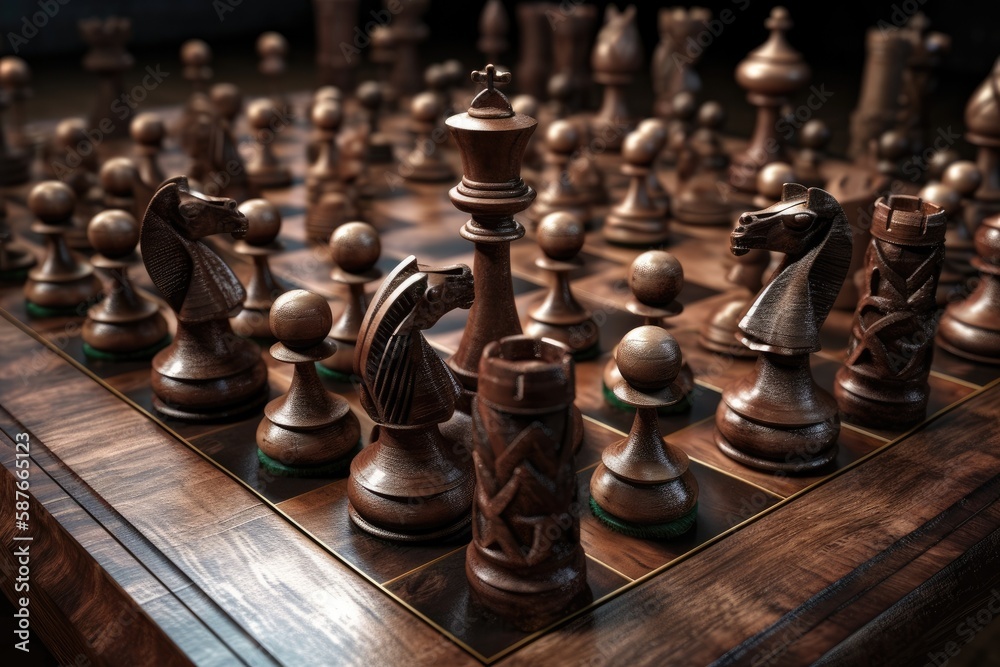 wooden chess board with various chess pieces arranged on it. Generative AI