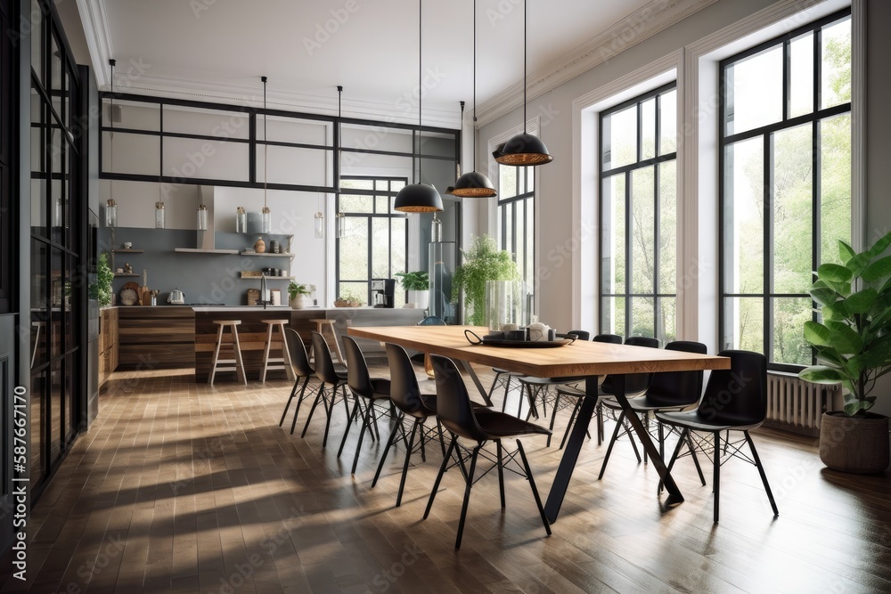 modern dining room with a minimalist wooden table and black chairs. Generative AI