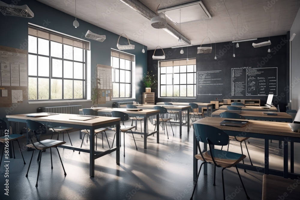 Illustration of an empty classroom with desks and chairs. Generative AI