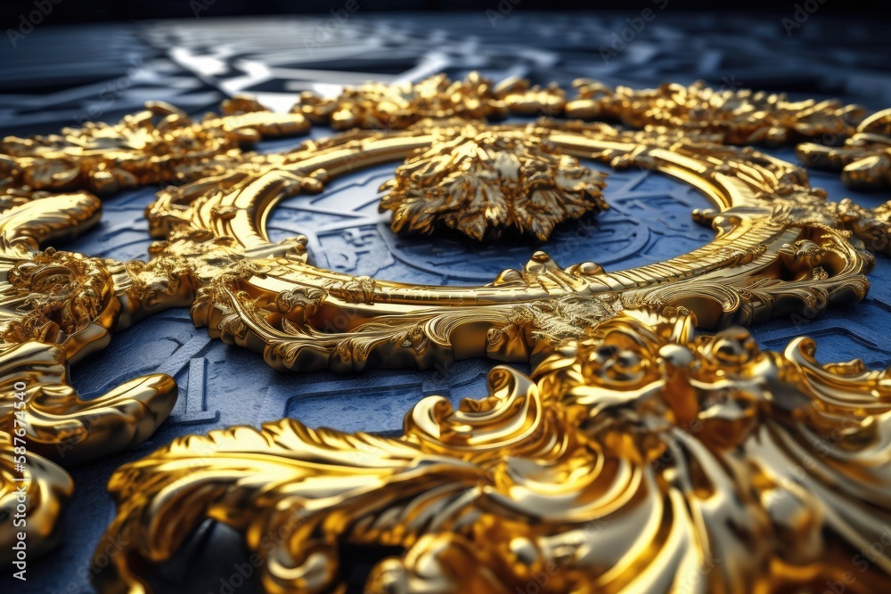 Close-Up View of a Decorative Gold Object with Intricate Details. Generative AI