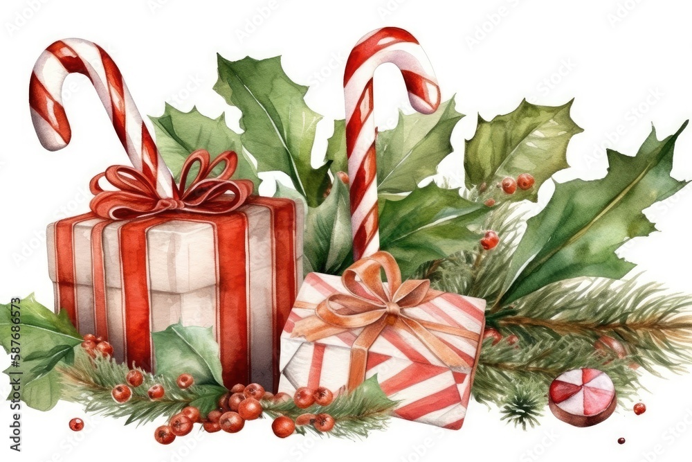 Illustration of Christmas gifts and candy canes painted in watercolor. Generative AI