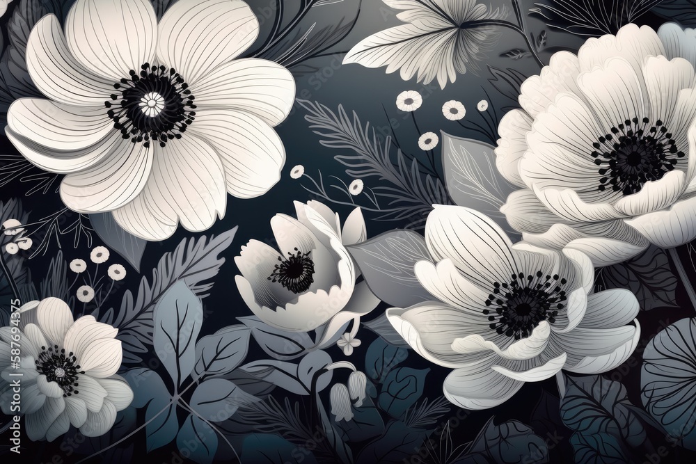 bouquet of white flowers against a black background. Generative AI