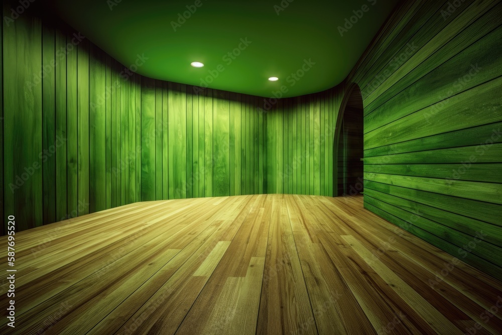 Illustration of an empty room with green walls and wooden floors. Generative AI