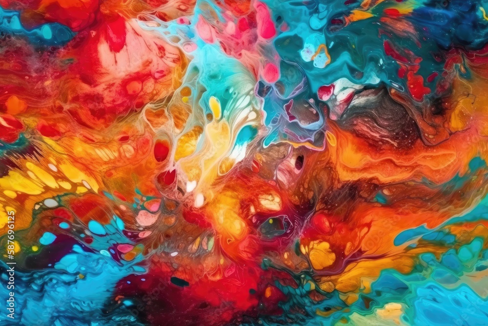 Illustration of an abstract painting with a burst of multicolored paint splatters. Generative AI