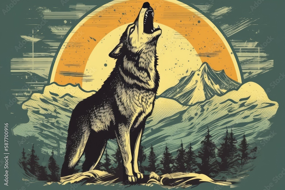 fierce wolf howling on a mountain peak. Generative AI