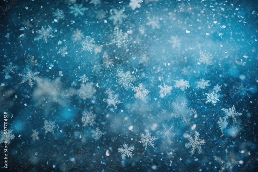 blue winter wonderland background with falling snowflakes. Generative AI