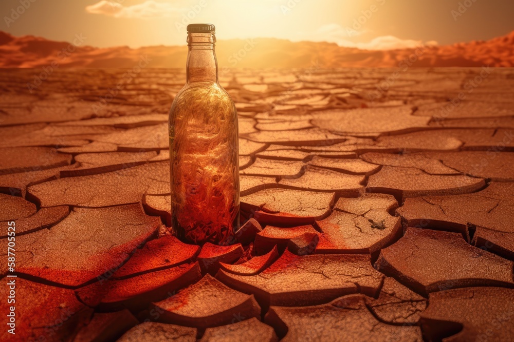 lone bottle standing in the middle of a vast and barren desert landscape. Generative AI