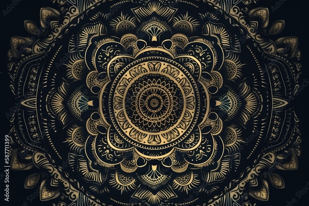 circular gold and black design on a black background. Generative AI