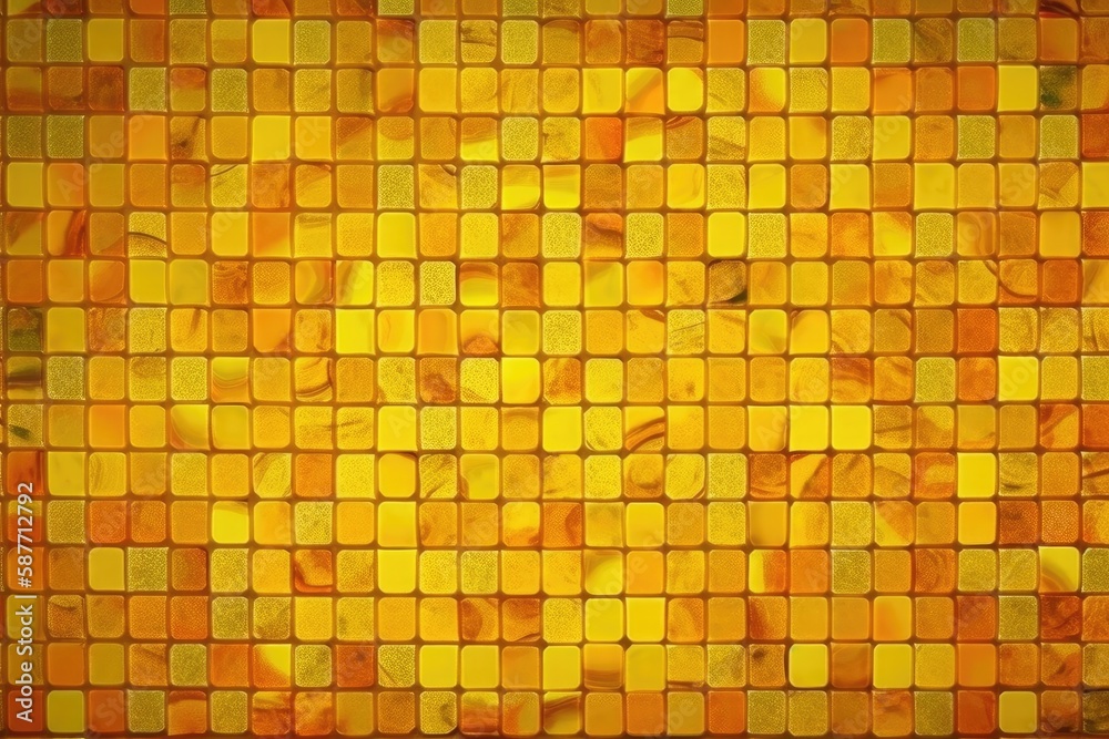 yellow tiled wall with a pattern of small squares. Generative AI