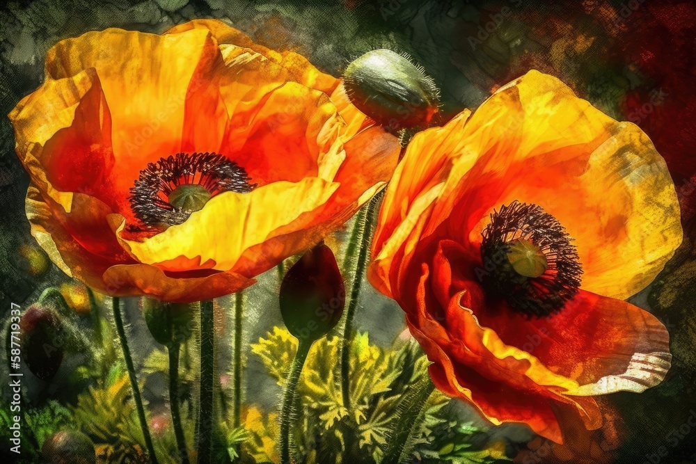 Illustration of two vibrant orange flowers blooming in a sun-kissed field. Generative AI