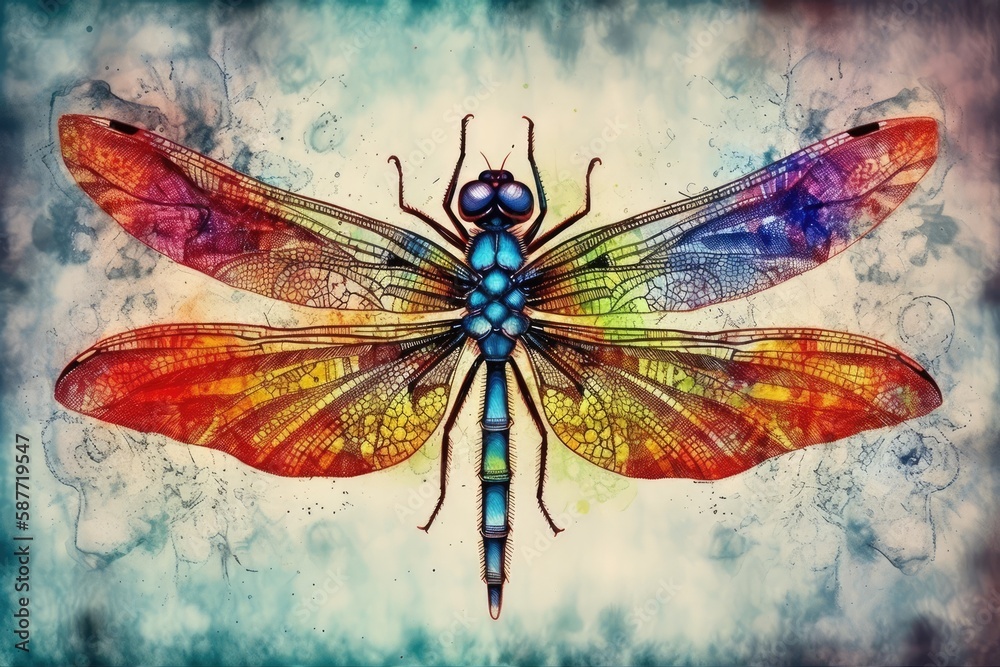 dragonfly painted on a serene blue background. Generative AI