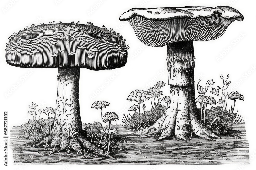 Illustration of two mushrooms in black and white. Generative AI