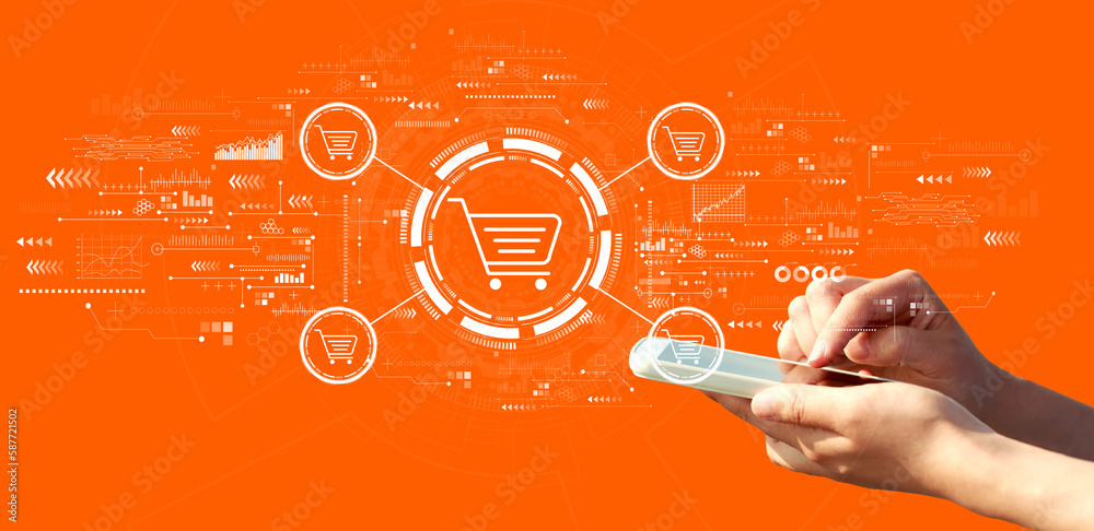 Online shopping theme with person using a smartphone on a orange background