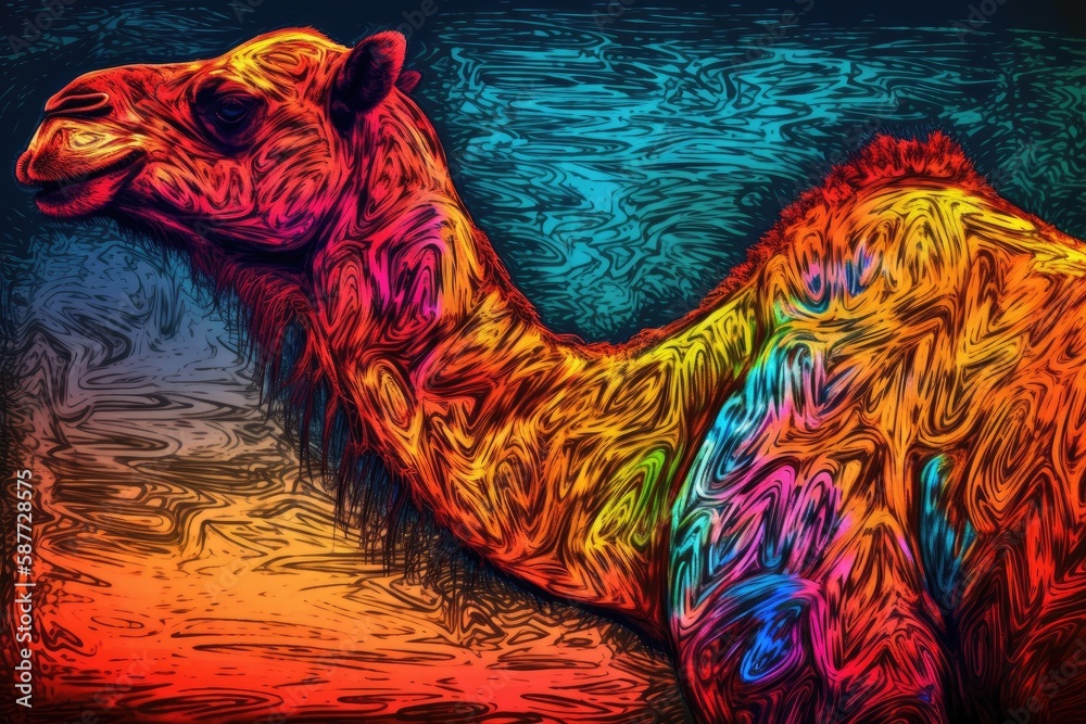 brightly colored camel with a rainbow pattern. Generative AI