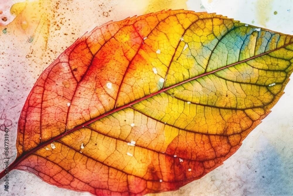 close-up view of a leaf covered in water droplets. Generative AI