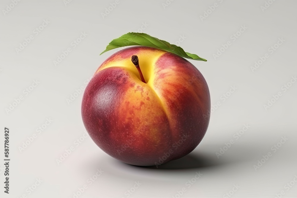 ripe peach with a green leaf on top. Generative AI