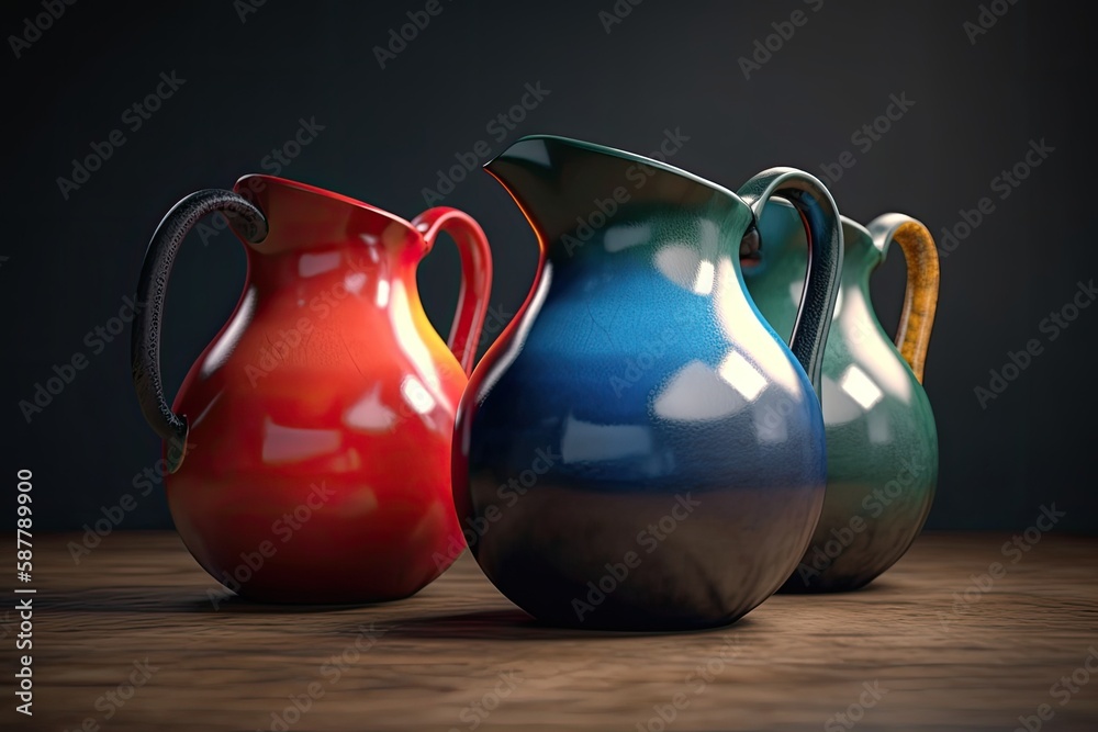 Illustration of three decorative vases arranged on a wooden table. Generative AI