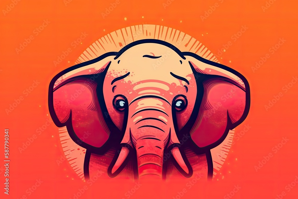 Illustration of an elephants head against a vibrant red background. Generative AI