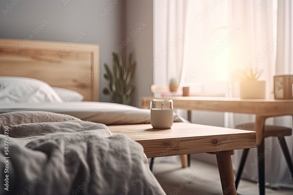 cozy bedroom with a comfortable bed and a table with a cup of coffee. Generative AI