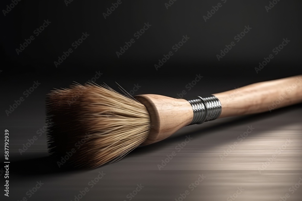 close up of a paintbrush on a wooden surface. Generative AI