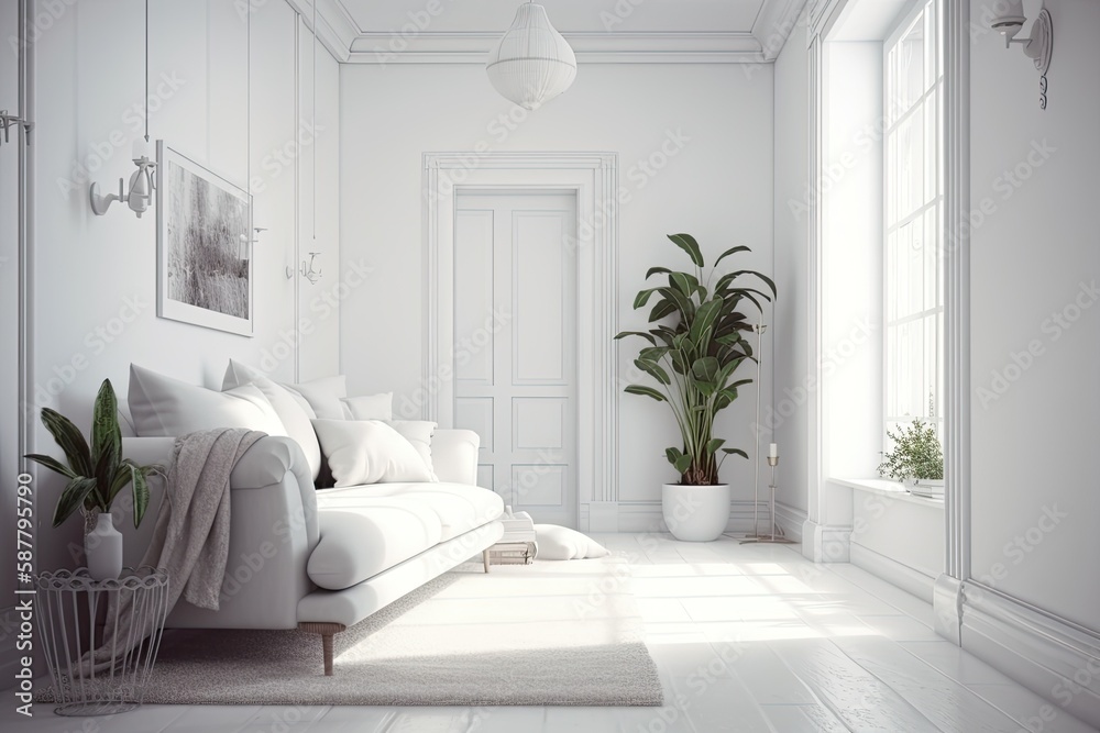 minimalist living room with a white couch and a green potted plant. Generative AI