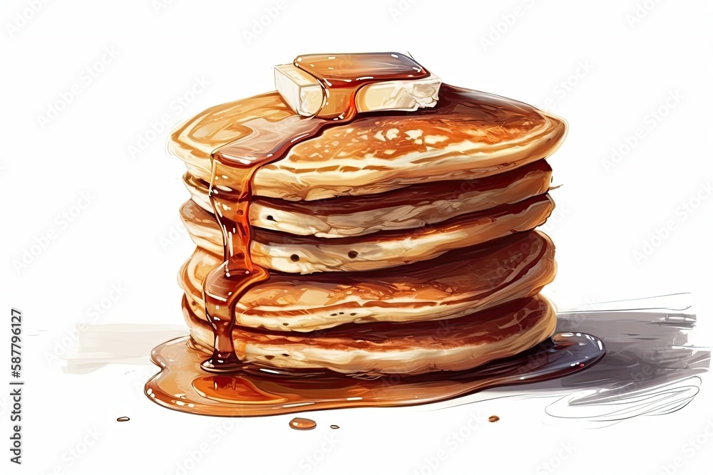 plate with a stack of pancakes, topped with syrup and butter. Generative AI