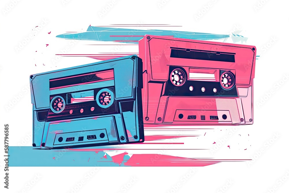 Illustration of two vintage cassette tapes side by side. Generative AI