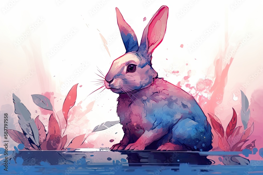 bunny enjoying a bath in a shallow stream. Generative AI