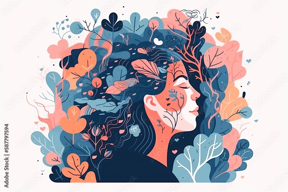 womans portrait with botanical elements. Generative AI