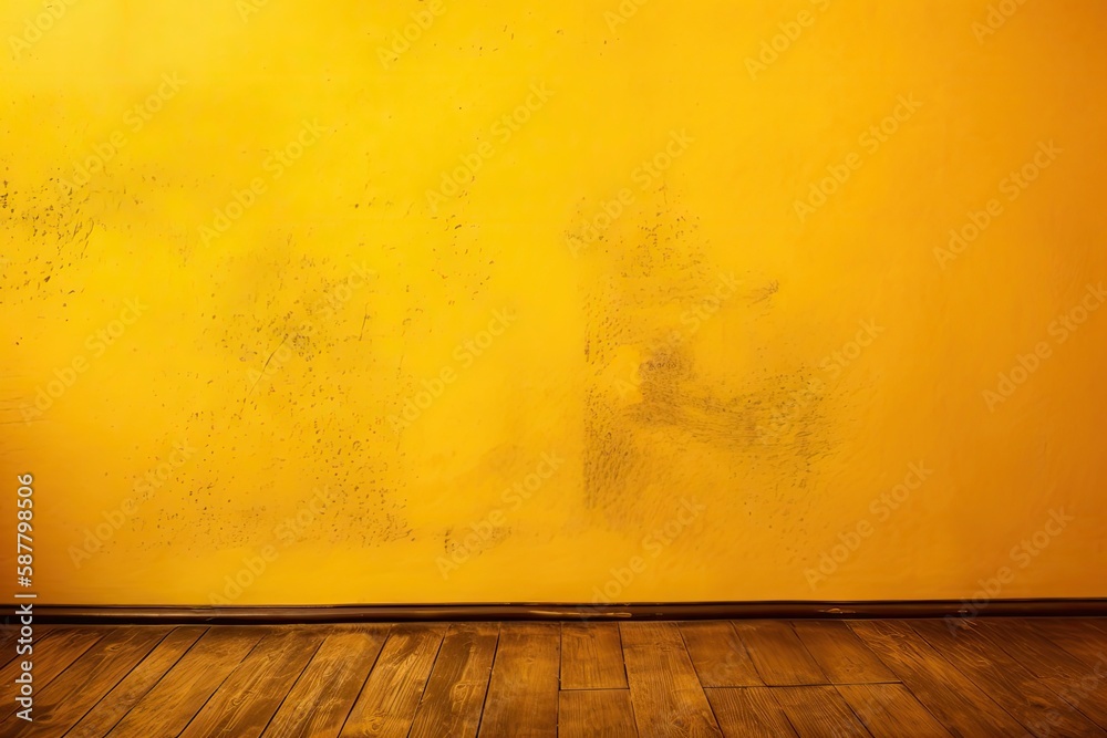 Illustration of an empty room with warm yellow walls and wooden flooring. Generative AI