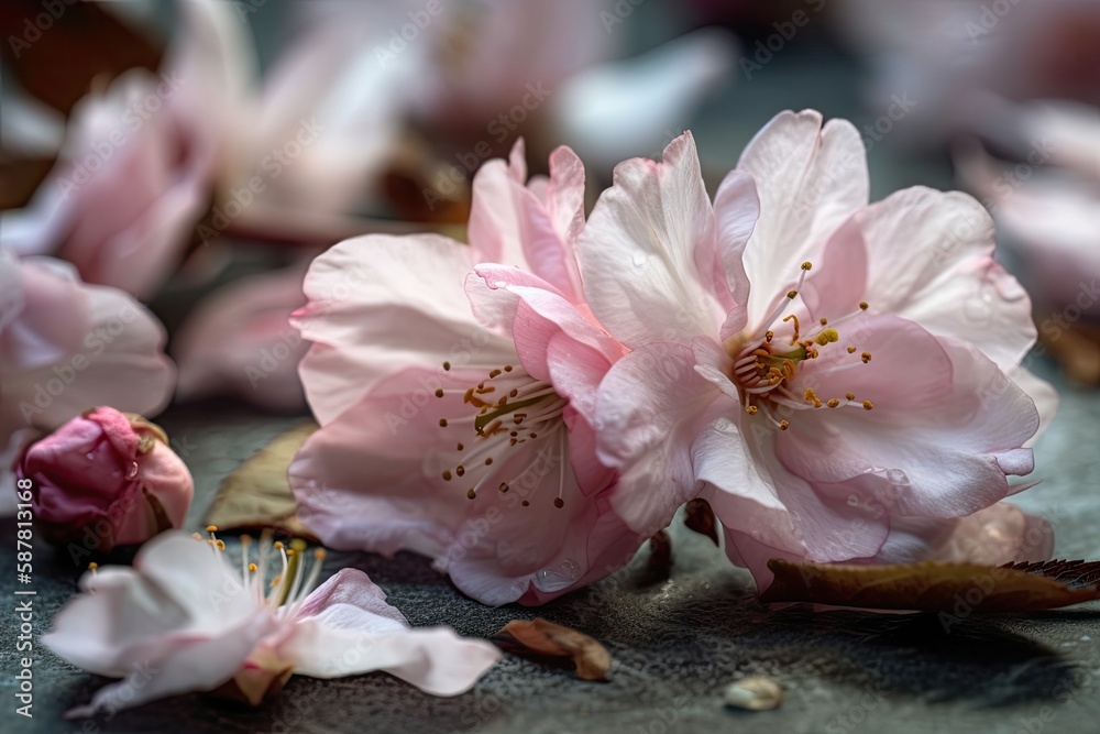 Illustration of pink flowers close up on a table in a bright room. Generative AI