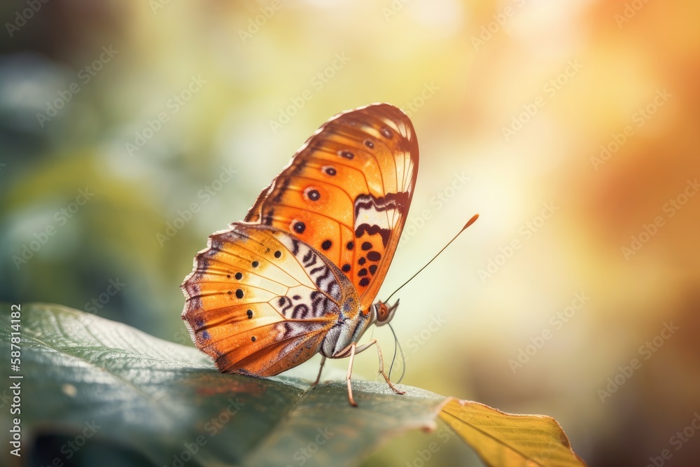 colorful butterfly perched on a green leaf. Generative AI