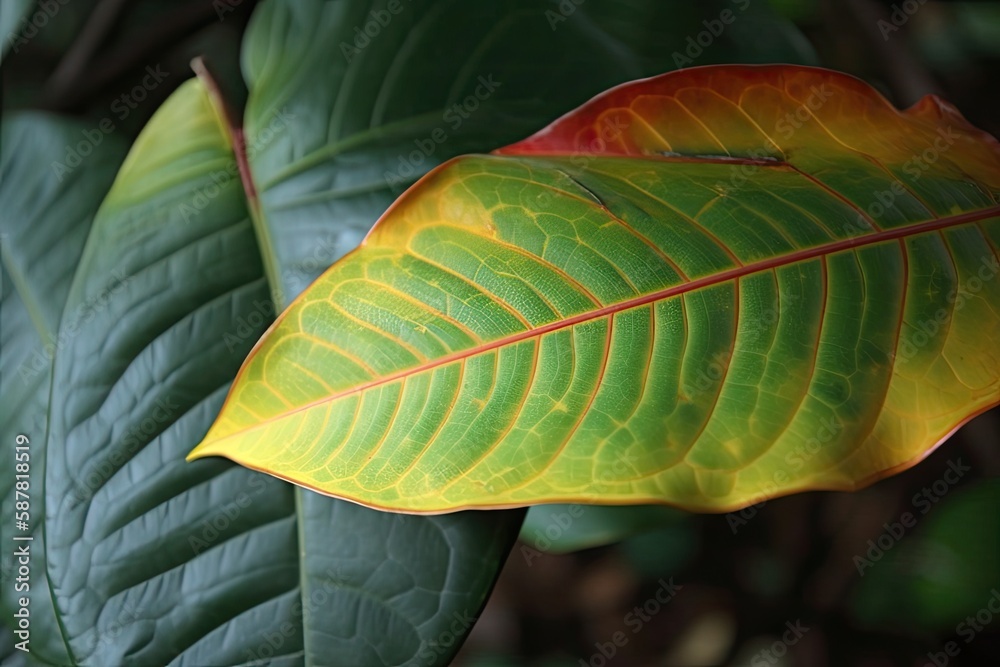 detailed close-up of a green and yellow leaf. Generative AI