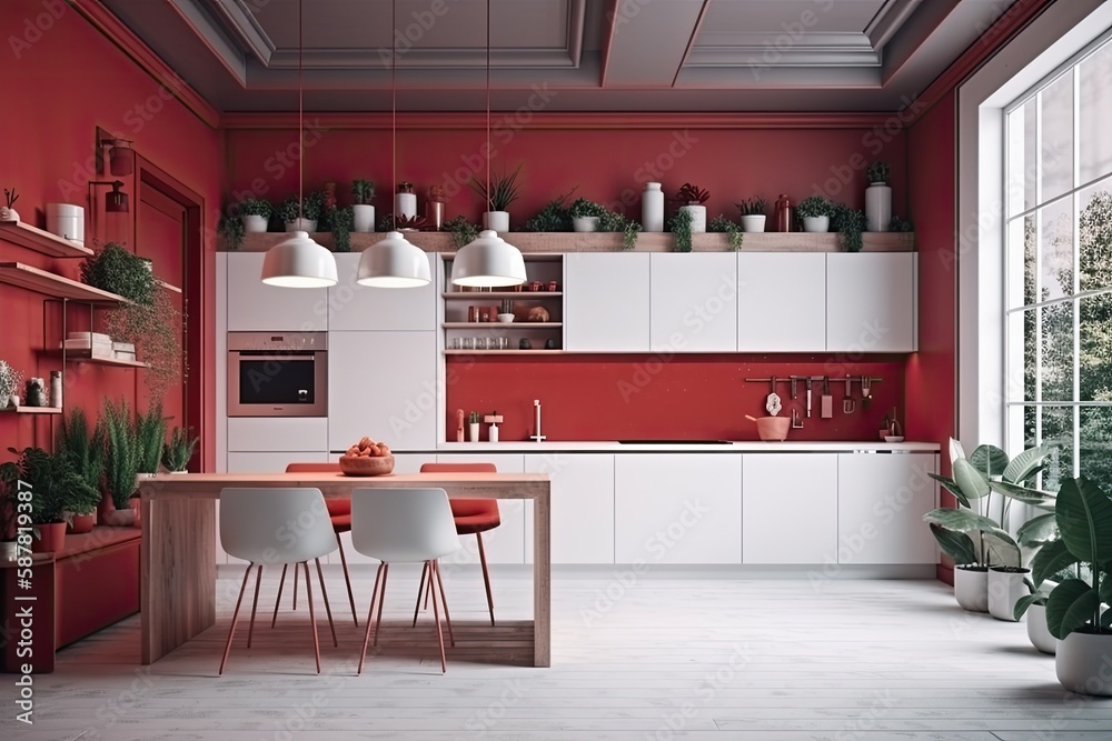 modern kitchen with vibrant red walls and sleek white cabinets. Generative AI