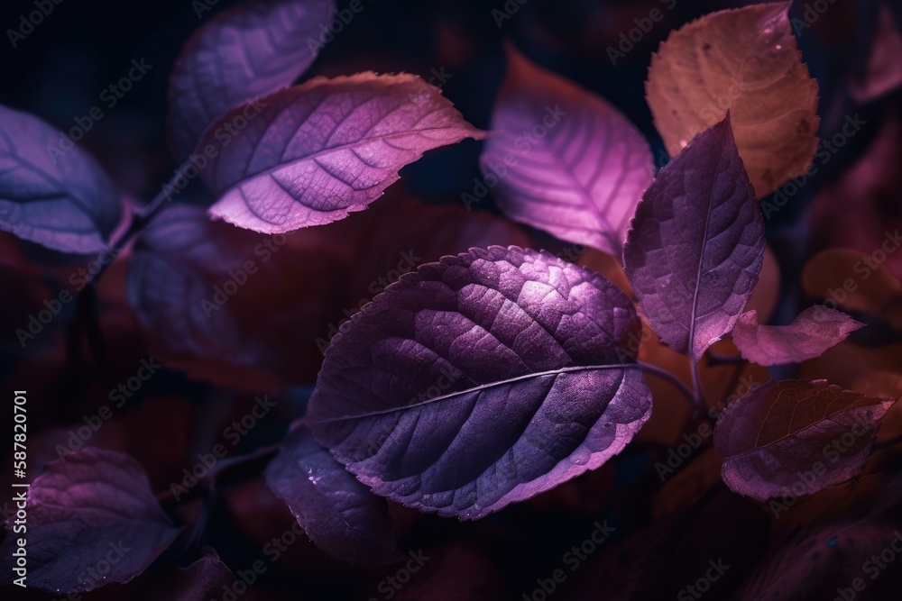 Illustration of close-up of purple leaves on a tree. Generative AI