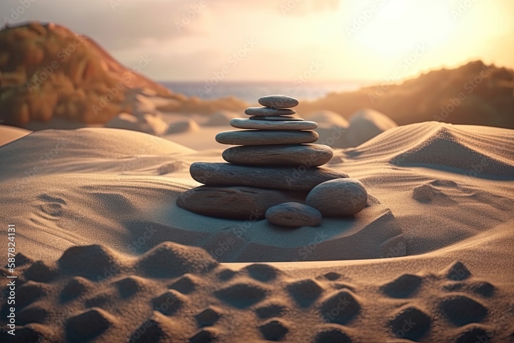 stack of stones resting on a sandy beach with blue sky and ocean in the background. Generative AI