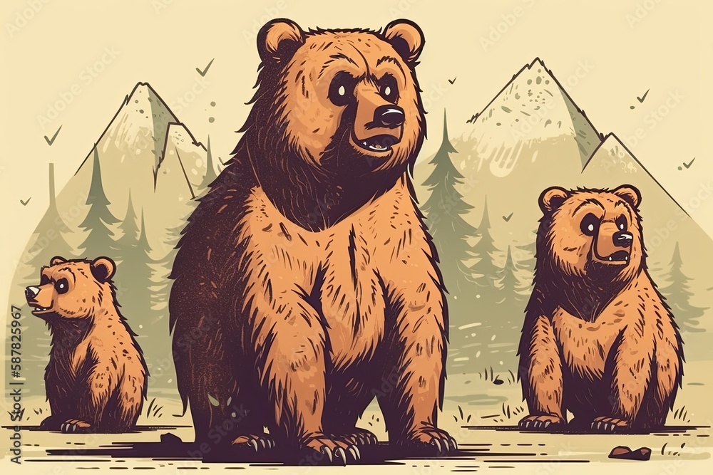 Illustration of Three Brown Bears Standing Together in the Wil. Generative AI