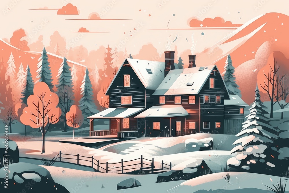 cozy winter home in a snowy landscape. Generative AI