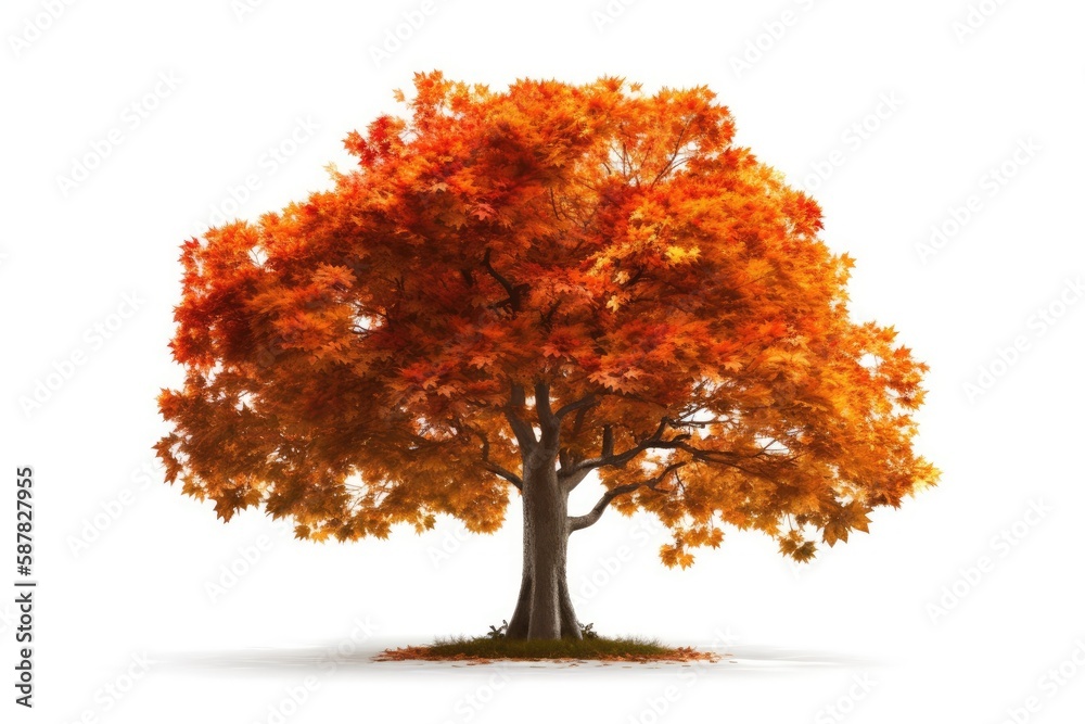 solitary tree with vibrant orange leaves against a white background. Generative AI